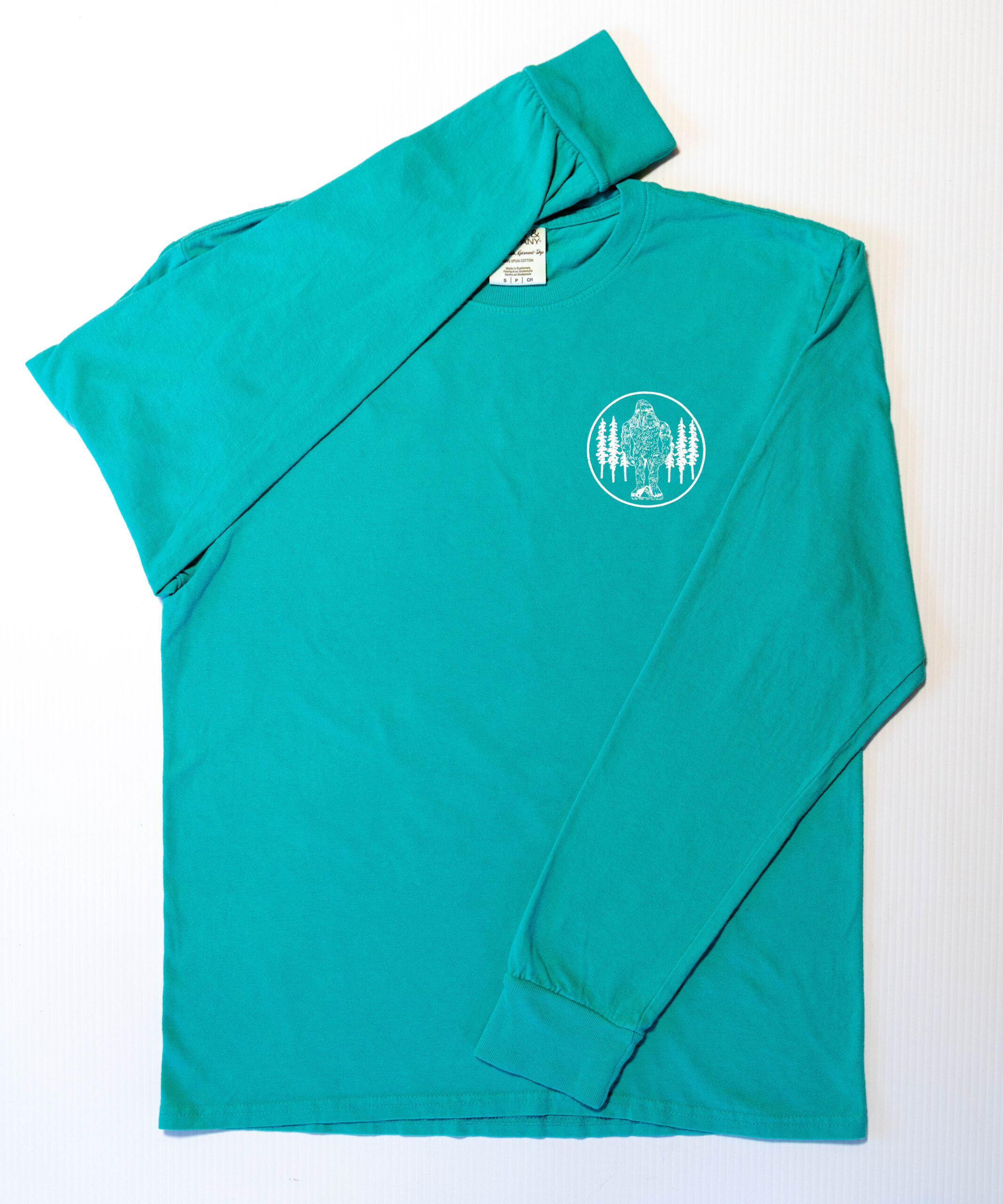Long sleeve garment dye t shirt, seafoam green, w/ Yeti left chest